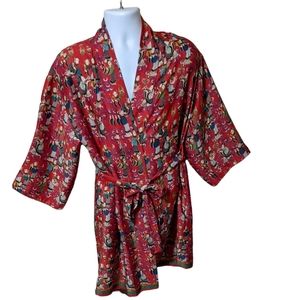 Josie Natori red novelty print belted kimono robe house coat, night wear…